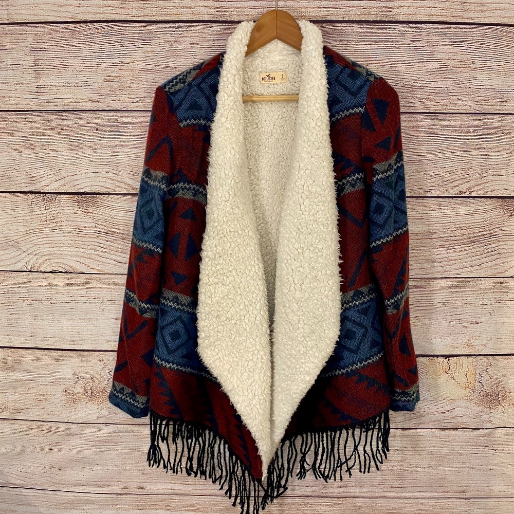 Hollister Southwestern Aztec Tribal Sherpa Lined Fringed Indian Blanket Jacket